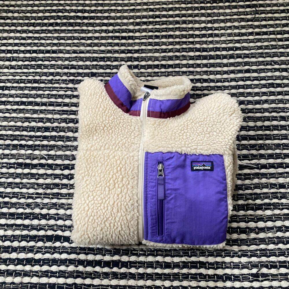 🌿Patagonia Girls Beige Purple Classic Retro X Fleece Sherpa Pocket Zip Jacket L
